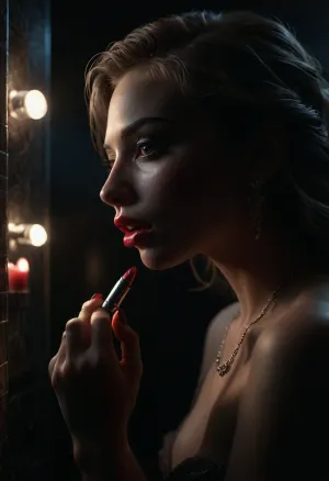 In a nightclub bathroom, a 23 year old woman stands in front of the mirror, applying her lipstick in an extreme close-up, her fingers with red nails and the lipstick are depicted in high detail, (highly detailed rendered lipstick:1.4), her lips perfectly defined, she has an alternative style with a nose piercing and earrings, the bathroom is dimly lit with neon colors and a worn, grimy atmosphere, the walls and tiles show signs of neglect, contrasting with her flawless makeup, including perfect eyelashes, eyeliner, and iris details, the mirror reflects this juxtaposition of beauty and the gritty club environment, DonMSp3ctr4lXL, holotech, <lora:DonMSp3ctr4lXL-000008:.6>, <lora:dark:2>, <lora:detailed_notrigger:.8>, <lora:photorealistic_portrait_notrigger:1.3>, <lora:Holotech:.8>