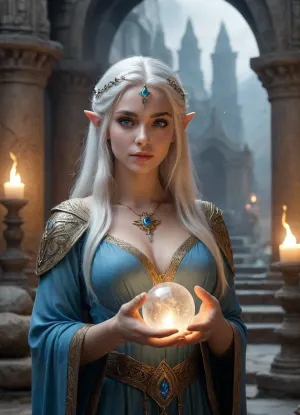 a mysterious elven sorceress holding a glowing crystal orb in both hands, stands in an ancient stone temple lit by flickering torches. She wears an invisible robe that reveals her hairy pussy and breasts, ornamented with embroidery and golden jewels, and her silvery-white hair cascades over her shoulders. Her piercing blue eyes glow faintly as she gazes at the orb. The setting is dark and mystical, with arched ruins and magical symbols engraved on the walls. The character is detailed in a high fantasy style. Angled at eye level. The art style is cinematic realism with a high level of detail