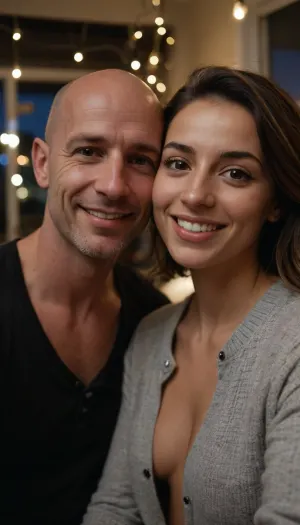 Two adults taking a close-up selfie in a cozy indoor setting. On the left, a bald man with light stubble wearing a light gray zip-up sweater, smiling. On the right, a Seamless tanned 44 years old skinny girl, short body, morroccan Girl. short dark brown wavy hair, (tiny empty flacid breast:1), naked, wearing a black t-shirt under a black checked mini button-down shirt. no pants, no panties. She wears black athletic shoes. Warm indoor lighting illuminates their faces. Behind them, a large window reveals a nighttime city street with blue festive string lights and parked cars, adding cool tones outside. Overall mood is cheerful and intimate. Render in photorealistic style with high detail, natural skin tones, soft shadows, and shallow depth of field to subtly blur the background., volumetric lighting, intricate details, perfect lighting, fine details, shot with a Leica M10 Summilux 50mm f/1.4, lifelike colors