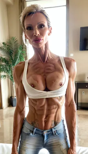 80s movie star, Sexy MILF, beautiful face, close up, in my luxury lavish hotel suite, tanned supermodel. large lips, pov, strong skinny muscles, fake lips, super skinny, muscular, full of tattoos, 69yo, tanned and sun damaged skin, (vneck and jeans), skinny muscular body, elegant, beautiful, 4ng3l, face, clothes, <lora:SDXL_BetterFaces-LoRA_v1:.8>, <lora:ThePitXL:2>, <lora:clothed_small:2>