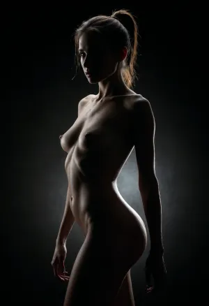 Image of a skinny woman, 3/4 view, sharp silhouette, slim body, perky breasts, taut stomach, visible abs, sexy pose, (hands behind her back), ponytail, naked. Dark background creating the impression of fog. High contrast, bright backlight, <lora:dark:.4>