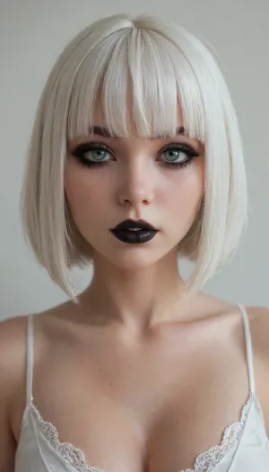 Beautiful European top model, 18 years old, thin face, short white hair, bob haircut, (white bangs:1.7), green eyes, narrow nose, big lips, (black makeup:1.7), thin figure, large breasts, pale skin, black lipstick