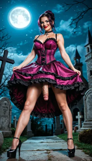 solo gothic futanari posing in a graveyard, perfect tall body, long legs, intricate long black hair, hair in Classic low curly updo, ((magenta satin full corset, magenta mid-thigh satin skirt with ruffles, petticoat)), (scrotum, erect veiny penis, stiff penis inside panty), ((skirt very scrunched up, skirt pulled up shows erect penis)), stockings, garter belt, high heels platform, ((electric blue eyes, red lips, smile, smirk, chest Gothic Cross Choker, bare arms)), ((sexy slut poses)), (full moon, nighttime), (detailed face, detailed hair:1.1), cinematic lighting, 8k, masterpiece, (realism:1.1), (realistic:1.1), (hyper realistic:1.1), (ultra realistic:1.1), fair skin, ((high detailed skin)), high quality, detailed skin texture, (highly detailed hair), highly detailed body, insanely detailed, highest quality, from_below, looking down