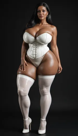 (milf:1.1), black african busty mature woman, black room, black background, (extremely long smooth black hair:1.5), (wide_hips:1.4), (Massive ass:1.1), (massive breasts:1), (thick thighs:1.2), front view, posing, white rubber corset, white rubber panties, white garterbelt, white high heels, white stockings.