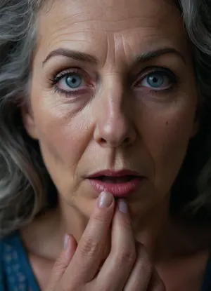 Close up of mature beautiful age 60 long wavy black and grey hair woman, blue eyes, provocative make-up, very wrinkled face, long eyelashes, giving handjob and disgusted expression as cum shoots out toward her face