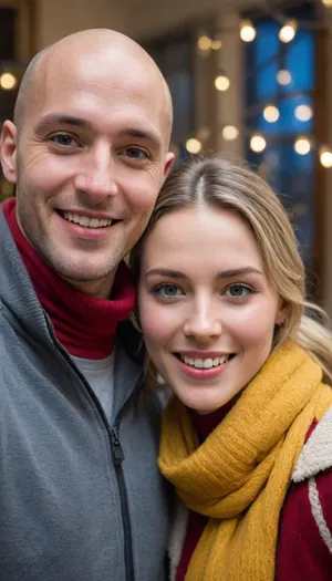 Two adults taking a close-up selfie in a cozy indoor setting. On the left, a bald man with light stubble wearing a light gray zip-up sweater, smiling. On the right, a woman with light hair pulled back, wearing a black jacket and a red-yellow scarf, also smiling. Warm indoor lighting illuminates their faces. Behind them, a large window reveals a nighttime city street with blue festive string lights and parked cars, adding cool tones outside. Overall mood is cheerful and intimate. Render in photorealistic style with high detail, natural skin tones, soft shadows, and shallow depth of field to subtly blur the background., volumetric lighting, intricate details, perfect lighting, fine details, shot with a Leica M10 Summilux 50mm f/1.4, lifelike colors, <lora:pantyhose_xl_v1:.3>, <lora:Sweaty_Realism_4-000006:.5>