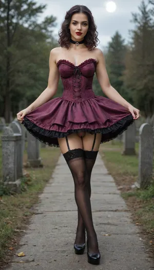 solo gothic futanari posing in a graveyard, perfect tall body, long legs, intricate long black hair, hair in Classic low curly updo, ((magenta satin full corset, magenta mid-thigh satin skirt with ruffles, petticoat)), (erect penis inside black transparent panties, scrotum), ((skirt very scrunched up, skirt pulled up shows erect penis)), black stockings, garter belt, stockings, high heels platform, ((chest Gothic Cross Choker, red lips, vampire fangs, fang points visible, bare arms)), ((sexy slut poses)), full moon, night, (detailed face, detailed hair:1.1), cinematic lighting, 8k, masterpiece, (realism:1.1), (realistic:1.1), (hyper realistic:1.1), (ultra realistic:1.1), fair skin, ((high detailed skin)), high quality, detailed skin texture, (highly detailed hair), highly detailed body, insanely detailed, highest quality