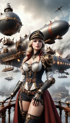 Steampunk, (1girl), A wide shot from outside of an airship into an extremely detailed control center on an antique airship, ultra detailed, fine details, high resolution, a solo blonde female captain on the deck of an airship, wears unique detailed Captain uniform, lace black stockings, red stiletto heels, medium breasts, lace bra, (crotchless:1.5), dashboard, gauges, steam engine and gears in the background, sexy, blue eyes, red cape, gloves, gold patterned necklace, cylindrical hat, goggles, bracelets, (vintage airships battle in the background:1.5), steampunk style grime, top view of earth landscape, sunset, gold-rimmed clouds, translucent in the sun, flat, anchespaceroom, cloudy, smoke, atmospheric, clouds, fog, steampunknoireai, mad-mecharm, <lora:Cloudy_Style:1>, <lora:SteamPunkNoireAIp:.7>, <lora:Gearbound_Mechanical_Arm_SDXL:.8>, <lora:Hell_Constantine_2005_-_Anime:1.6>, <lora:detailed_notrigger:2>