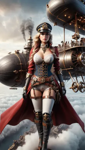 Steampunk, (1girl), A wide shot from outside of an airship into an extremely detailed control center on an antique airship, ultra detailed, fine details, high resolution, a solo blonde female captain on the deck of an airship, wears unique detailed Captain uniform, lace black stockings, red stiletto heels, medium breasts, lace bra, (crotchless:1.5), dashboard, gauges, steam engine and gears in the background, sexy, blue eyes, red cape, gloves, gold patterned necklace, cylindrical hat, goggles, bracelets, (vintage airships battle in the background:1.5), steampunk style grime, top view of earth landscape, sunset, gold-rimmed clouds, translucent in the sun, flat, anchespaceroom, cloudy, smoke, atmospheric, clouds, fog, steampunknoireai, mad-mecharm, <lora:Cloudy_Style:1>, <lora:SteamPunkNoireAIp:.7>, <lora:Gearbound_Mechanical_Arm_SDXL:.8>, <lora:Hell_Constantine_2005_-_Anime:1.6>, <lora:detailed_notrigger:2>