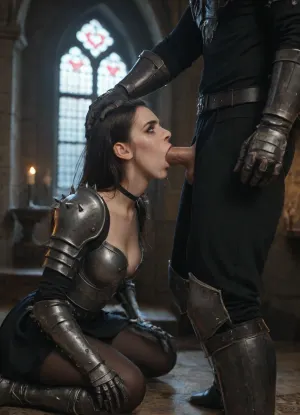 beautiful sexy 3000 years old woman, vampire, bright red eyes, hollow cheeks, sharp jawline, black hair, long straight hair, white skin, pale skin, skinny, rounded boobs, (2 cup size), rounded ass, long legs, 6.1ft tall, seductive, evil, powerful, evil dark armor, (armor is black color and have bloodied spikes on shoulders and is paired with short revealing black skirt), long black steel boots with greaves, dark steel gauntlets, choker, Black Opaque Pantyhose, blowjob, pain, crying, choking, pleasure, indoors, gothic castle, dark lighting, very very low brightness, almost no light source in castle