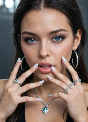 pov, romantic movie scene, (thick huge black cock next to her head:1.4), long black hair, emotive, eye contact, (romantic atmosphere:1), deep blue eyes, romantic light, (perfect manicured very long polish nails:1.5), (silver longest necklaces), silver choker, ((she wear lots of diamond and silver luxury rings in every finger:1.8)), close-up to face and nails, side view, (huge cum is flowing from penis:1.6), huge cum over chest, very lusty model pose, excessive huge cum over face, excessive cum flowing from chin