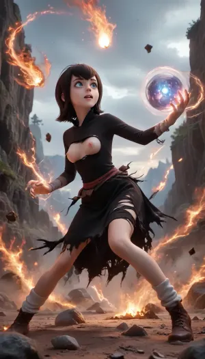 Mavis Dracula from Hotel Transylvania, model 21 years old, beautiful angry face, witch charactor, pink nipples, slim legs, pleats skirt, (She was attacked by magic from another witch and her clothes is tattered torn:1.2), (her clothes jagged and ripped), (skin peeks through the gaps in the torn clothing:1.5), looking her breast of E-cups, lace panty, loose socks, black shoes, lift up skirt, battlefield of magic fantasy world, duel, magical, fire, magic, spell, fireball, element, water, ball, orb, air, wind, earth, rock, plant, sand, <lora:tornclothesv6-8:2>, <lora:ClearHand-V2:.9>, <lora:Wizards__Mages:1.4>, <lora:Magical duel - SDXL v2.0:.4>