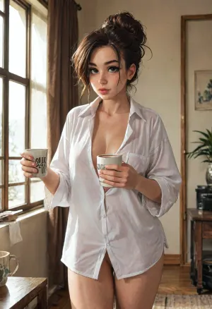 A 22yo girlfriend with a girl-next-door appearance standing in a living room drinking a cup of coffee, wearing an open men's button-up shirt, oversized shirt, no underwear, bay window, morning sunlight shining through, hair up in a messy bun, no make-up, , ((Melkor mancin meet markgavatino style)), reiq style, ratatatat74, SamDoesArts, <lora:LCMTurboMix_Euler_A_fix:1.1>, <lora:ratatatat74-000050:1.8>, <lora:mk_Bp Anime_xl:1.2>, <lora:焦茶_XL:2>, <lora:SDXLSamDoesArts:1.6>, 