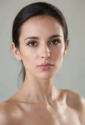 cinematic portrait of a woman with striking light eyes, straight, well-proportioned nose with a smooth bridge, dark hair framing her face, elegant bone structure, soft highlights on cheekbones, natural skin tones, high end magazine photography style
