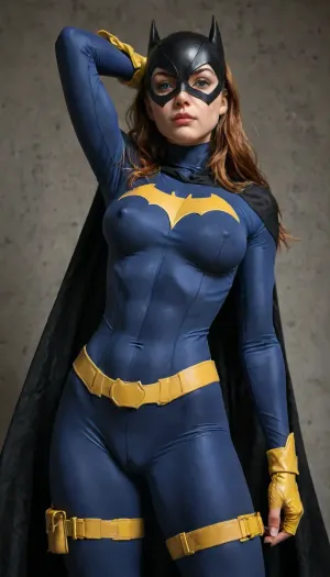Cameltoe, batgirl from dc comics, batgirl from dc comics costume, long sleeves, thigh straps, form fitting bodysuit, erect nipples under clothes, fully clothed, thick thighs, cameltoe, puffy pussy, swollen pubis mons, pussy juice, muscular female, highly detailed face, <lora:detailed_notrigger:2>, <lora:LCMTurboMix_Euler_A_fix:.8>