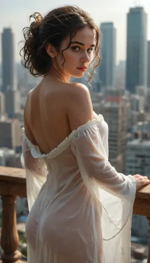 ((Ultra realistic)), 1woman, standing outside on a penthouse balcony, gazing out over the city skyline, enjoying the cooling breeze, relaxed pose, dreamy look, looking away from viewer, stunning beauty, side view, messy curly updo hair, glossy lipstick, (runout makeup:.5), slender body, wide hips, off shoulder transparent robe, fluttering robe, (perky breasts:.5), butt plug, <lora:MJ52:.8>, <lora:DetailedEyes_V3:.9>