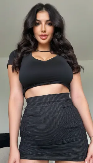 Ultrarealistic Photography, high-resolution, photorealistic image, wallpaper, bright room, fully clothed 8k, up close, pencil skirt, black v-neck t-shirt, black wavy hair with middle part, thick thighs, no smiling, supermodel, face, big, lips, <lora:clothed_small:.8>, <lora:Microwaist_XL_v01:1.1>, <lora:Beautify-Supermodel-SDXL:.8>