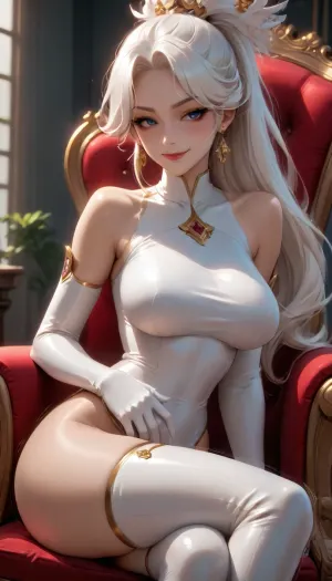 ai_generated anime_style, score_9, score_8_up, score_7_up, beautiful athletic robotic woman drawn in anime style, reiq style, long white ponytail, (blushing smug face:1.6), earrings, black and gold body, narrow waist, wide hips, perfect large bubble ass, perfect large breasts, spraded legs, sitting on a throne, ((motion lines:1.6)), warm soft lights, perfect fingers, style anime, inspired illustration, Robot, Skin, Android, <lora:robot_skin_XL_1.0.6:2>, <lora:EnvyMechaGirlXL01:2>, <lora:EnvyMechaGirlXL02:2>