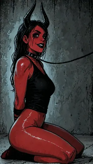 ((Melkor mancin meet markgavatino style)), (solo), full body, 18 year old, demon girl, ((Asian face)), ((red skin)), crossfit body, horns, completely black eyes, messy black hair, full body side view, ((black lipstick)), (black mascara), makeup, (goth outfit, alt girl outfit), black sclera, collar, leash, stunning, cute, detailed gorgeous face, high cheekbones, narrow chin, broad jaw, upturned nose, deep perspective, perfect smile, kneeling, groveling, worshipping viewer, looking up at viewer, legs spread, energetic, eager to please, happy, ((red wet skin, sweat dripping from face and body)), snatched waist, wide hips, big perky breasts, hourglass figure, (realistic skin, skin pores freckles moles blemishes wrinkles), (good girl, submissive, obedient, subservient, willing, eager, good sub, sub space, dominated, praised, praise_kink), reiq style, masterpiece, <lora:LCMTurboMix_Euler_A_fix:.5>, <lora:EnvyBeautyXL02:1.3>, <lora:EnvyAnimeDigitalPaintingXL01:.9>, <lora:ratatatat74-000050:1.6>, <lora:outline_xl_kohaku_delta_spv5x:.9>