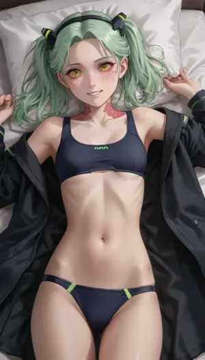 Rebecca from the anime series "Cyberpunk, Edgerunners", cute face, smiling, prettie, (skinny), twin tails, 25 year old girl, 1 girl, medium perky breasts, round breasts, front POV, front view, toned body, tight ass, tight white low cut crop top, small underwear, briefs, laying on back, in bed, ((black bed linen)), looking at viewer, anime, <lora:rebecca (cyberpunk)-000011:2>, <lora:outline_xl_kohaku_delta_spv5x:1.3>, <lora:NEOTOKIOXL_0.2_RC:.7>, <lora:Ppolar-P3v1-NbVp10:.7>, <lora:cute-anime v1:2>