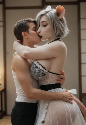 Anthro, white rat woman, anthrofied, rat female, furry body, thick lips, black lips, gray hair, shorts hair, hair covering one eye, japanese cut, fluffy, (erotic maid dress, transparent clothing), fit breasts, (round breasts), (small human boy hugging and kissing her:1.1), (front angle view), finger claws, (((furry art, anthro woman))), ultra detailed face, <lora:add-detail-xl:1.2>, <lora:Fur:.8>