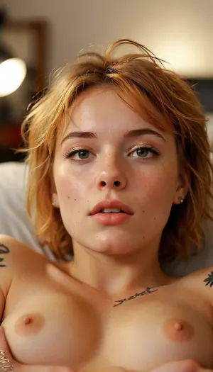 Girl, 18yo Swedish-Venezuelan ginger, radiant beauty, messy shaggy Bob haircut, happy, excited, staring, moaning, lying in her back, cinematic lighting, ring light, intense, colorful tattoos, nsfw, (perfectly upscaled image:1.3), (fingering:1.5), masturbating, Finger in pussy, touching her pussy, fingering, pussy, <lora:2FingersSDXL_v03:.5>, <lora:MJ52:.8>