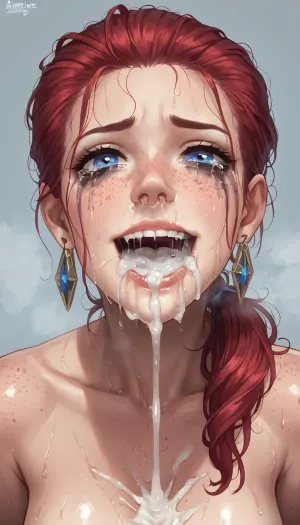 smile, breathing, freckles, nude, red hair, ponytail, blue eye, looking at me, smeared makeup, crying, runny nose, sad look, saliva dripping from mouth, fit body, big boobs, Sweaty body, smell, (steam from sweating), after deepthroat, ((mouth wide opened:1.3)), O mouth, (excessive amount of semen in mouth:1.3), fuck you