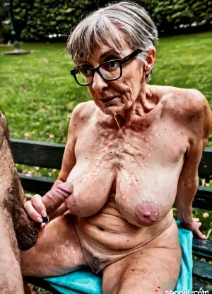 (1 OLD woman, 1 young man), She is a very old woman, 75 years old, with deeply wrinkled skin, dark blonde hair with gray streaks, and a short pixie cut with bangs.She wears thick glasses on her large, distinctive nose. Her extremely saggy, wrinkled breasts hang maximally down far.

A flabby, wrinkled body, old skin with age spots, a old ugly saggy vulva with maximally inner labia ever, (((((pubic hair))))), .

Park with old park bench, (She is nude), tall young man with erect 8-inch cock, She sitting and give hin a handjob, her cum on her face and breasts, mega Cumshot