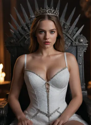 ((hyperrealism)), ((Zara Whites)), detailed face, sexy queen, cleavage, large breasts, sitting on iron throne