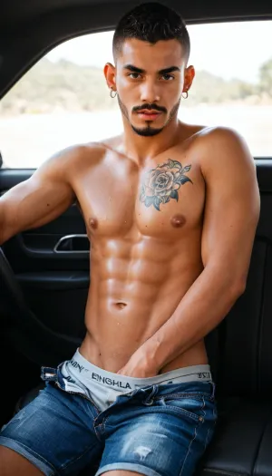 A masculine Latino man with a short buzz cut, neutral expression, even soft lighting, and clear skin. He has a light skin tone and a thick mustache, embodying a prisoner and gangster look. as he sits on his lowrider car shirtless, in jeans and boxers with tattoos and sweat