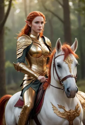 ultra realistic, beautiful elf female warrior with a golden armor, red hair, fantasy background, riding a pegaso