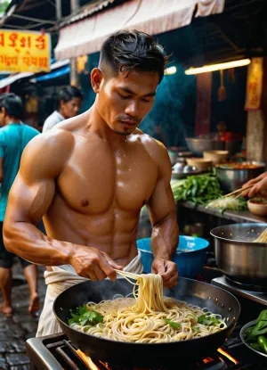 Photorealism, photorealistic, realistic, {street half-naked Thai cook preparing noodles against the backdrop of a Thai market, cooking process}, vivid, highly detailed, ultra-realistic, cinematic lighting, 8K