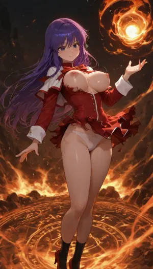 1woman, beautiful smile face, kanase, kanon, charactor, pink nipples, looking her breast of D-cups, (bouncing breasts:1.12), slim, (slim legs), (slim thigh), (small ass), slip down nobility long dress, (her clothes is tattered torn:1.2), (her clothes jagged and ripped:1.28), (her clothes charred:1.13), flying on big magic circle, very long straight hair on her ass, white panty, red highheels, lift up skirt by wind, upwind, battlefield of magic, fireball, fire magic, staring at me, anime, <lora:checkpoint-e36_s828:1.2>