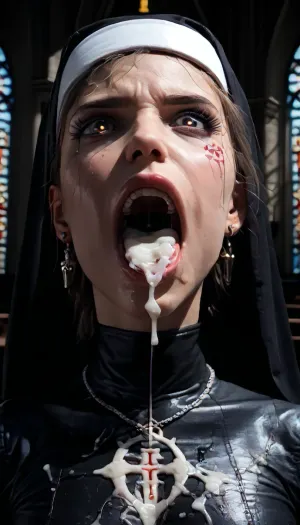 (left side view), 8k, 3D, cinematic lighting, best quality, ultra-detailed, fine details, background a Church and Candels.
nun in black sexy latex dress, extremely sexy latex mini nun dress, (full of cum:1.3), (Head turned towards the viewer, staring directly into their eyes with a diabolical, insane gaze, black pupils:1.5), (Devil Tattoo on the upper arm:1.3), (Her mouth is wide open, as if she's screaming loudly.:1.8), punishnun, agony, anguish, anxiety, depression, despair, grief, pain, sadness, stress, suffering, <lora:punishnun_XL_reg1_-000003:2>, <lora:Lamentations-000016:2>