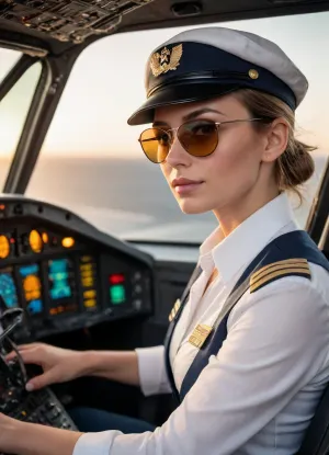 (Side view), of a pilot piloting an airplane, (enlarged cockpit:1.3), . The pilot wears sunglasses, (detailed clothing:1.2), a captain's hat, a white shirt, and a pilot's badge, (large breasts), . Detailed controls and sunset lighting. Detailed gauges, levers, and lights. Pilot piloting an airplane in the cockpit. High-quality color gradation, skin textures, and dynamic pose.