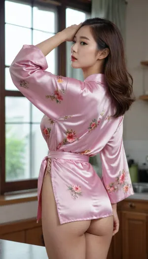 21 year old, ((Beautiful Korean female model)), ((medium-length hair)), ((perfect figure)), ((huge breasts)), ((wearing a tight satin robe with floral weaves)), beautiful cute face with thin lips, no makeup, (((having a good stretch, arms lifted all the way up))), ((showing off her backside)), ((looking away into the window, one foot lifted up)), ((not looking at the viewer)), early morning in the kitchen, (full body view)