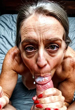(8k uhd, best quality, high quality, extremely detailed, intricately detailed, high resolution, photorealistic, hyperrealistic, masterpiece, unreal engine), My, granny is giving me a blowjob while i sleep, eyes, red fingernails, eyecontact, look to viewer, pov. cum