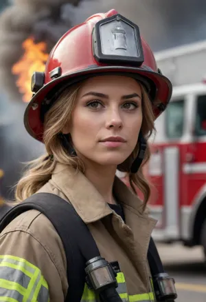 Young female firefighter with helmet, detailed realistic hair, confident, fire truck background, fire and smoke, photorealistic, sharp focus, natural lighting. Photorealistic, 8K, natural lighting.