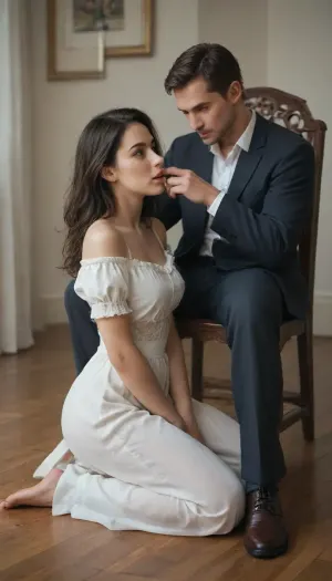 Man sitting on chair, girl kneeling on floor in front of man, beautiful russian 23 years old girl, black hair, brown eyes, pink lips, wearing white blouse