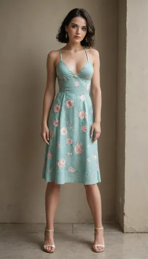 A confident 47 years old woman standing in a warmly lit modern room interior. She has straight dark hair, wearing polished makeup with defined lipstick. She stands in a poised, self-assured stance with one hand resting lightly near her waist and the other relaxed at her side. She wears a mint-green halter dress with a soft floral print in warm blush and rose tones. The dress has a fitted bodice that cinches at the waist and flows into a gently flared A-line skirt with a light tulle underlayer that adds volume and movement. The hem falls just above the knee, creating a feminine, vintage-inspired silhouette. On her feet are nude/beige ankle-strap high heels with open toes and slender heels, elongating her legs and complementing the pastel tones of the dress., feet, <lora:feet-XL:.8>
