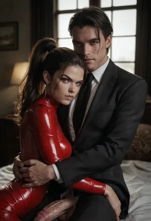Full room in view, big window behind, depth of field, 1 man with 1 woman, couple, hetero, (((1muscular angry male in suit is on bed in modern bedroom beside the sexy lady hugging the lady))), 25 year old lady, The tiny petite brunette lady in sexy latex catsuit, brunette hair in high ponytail, full view of lady, man has big fully erect cock. 12-inch cock, Veiny cock, big testicles, woman is gripping the man, s cock, handjob, looking directly at me, eye-contact, romantic_couple_poses, looking, at, viewer, <lora:dark:.5>, <lora:looking_at_viewer:.8>