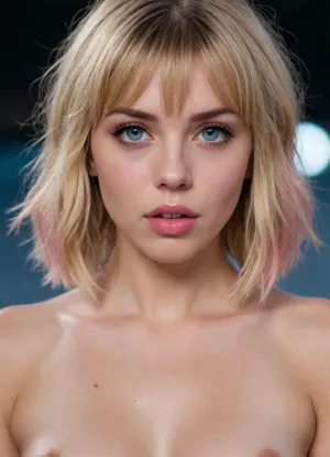 ((1girl)), 19 years, blonde, bob hairstyle, ((bangs)), (wet and tousled hair:1.4), moon-shaped face, deep dimples, (freckles on nose:.8), pierced nosebleed, light_blue_eyes, huge round eyes, long lashes, pink lips, black nails, small breasts, belly tattoo