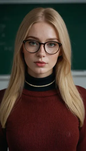 Female russian teacher 20 yers old, Without freckles, with glasses and choker, straight long blond hair, pale skin, sexy pose, perfect lighting, ultra realistic, 8k resolution, ultra detailed, instagram model, professional photography, exposed breasts, Teacher uniform, turtleneck sweater, black stockings, medium chest, nordic, playful, freckled face, slim body, lifelike face, real face