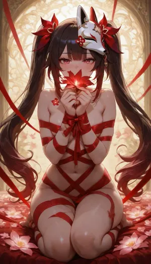 1girl, solo, A young woman named Sparkle, yes, Sparkle from Honkai Star Rail poses completely naked with ribbons tied around her feet . her hair big twin tails, with tips dyed red . masterpiece, high, quality, amazing, cinematic, sparklehsr, red color palette, ornaments, mole, under, both, eyes, string, flower, tattoo, neck, bell, fox, mask, on, head, butterfly-shaped, pupils, <lora:Sparkle_Animagine_v030:1.666>