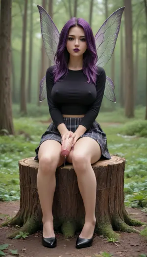 (full body), (large breasts), (purple and black fairy wings), (forest background), (Erect nipple bulge), (purple hair), (black eyeliner), (purple lipstick), (wearing a black shirt), (plaid skirt), (sitting on tree stump), (sitting Indian style), (visible futanari cock), (cock dripping pre-cum)