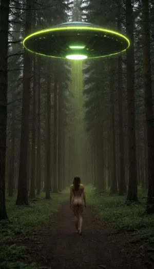 In a dark forest a naked girl is bathed in neon greenish yellow light coming from a large UFO far above her to abduct her, (((Alien UFO:1.2))), Milano, moody, forest, <lora:Milano_SDXL-000009:2>, <lora:Moody_Forest_3:.8>
