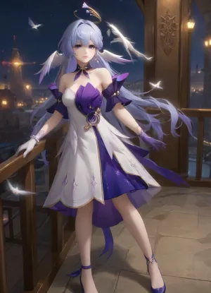 pearl, heels, robincm, ribbon, a, girl, named, white, dress, bare, shoulders, gloves, earrings, bracelet, head, wings, robin, (honkai, star, rail\), blue, hair, long, 1girl, robin_, (honkai_star_rail), head_wings, halo, <lora:robin-strXL-v1a:.8>, <lora:知更鸟pony:.8>, <lora:Robin_By-XieMo:.8>, <lora:Robin_XL_V1-000014:.8>, <lora:robin_(honkai_star_rail)_a31-xl:.8>