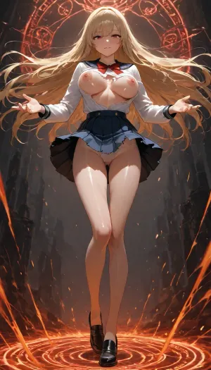 1girl, Japanese model of 21 years old, beautiful face, cute, pink nipples, (slim legs, slim thigh, small ass:1.16), (school uniform), long pleats skirt, (She was attacked by magic from another witch and her blouse is tattered torn:1.25), (her uniform jagged and ripped:1.28), big magic circle, bouncing boobs of C-cups, very long straight hair that reached her ass, (white panty:1.12), black shoes, (very strong upwind:1.2), battlefield of magic fantasy world, front view, spread hands, flying, floating, lava, <lora:ClearHand-V2:.9>, <lora:Lava:.8>, <lora:SDXL high detailed. LoRA_SDXL_ARW_0010:1.4>