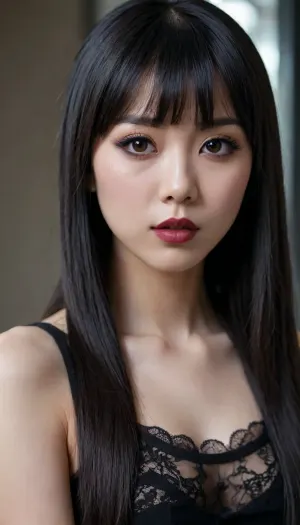 Japanese girl, 25 years old, long straight black hair, straight bangs, narrow brown eyes, pale skin, black lipstick, rock makeup