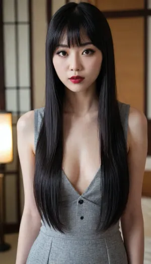 Japanese girl, 25 years old, long straight black hair, straight bangs, narrow brown eyes, pale skin, black lipstick